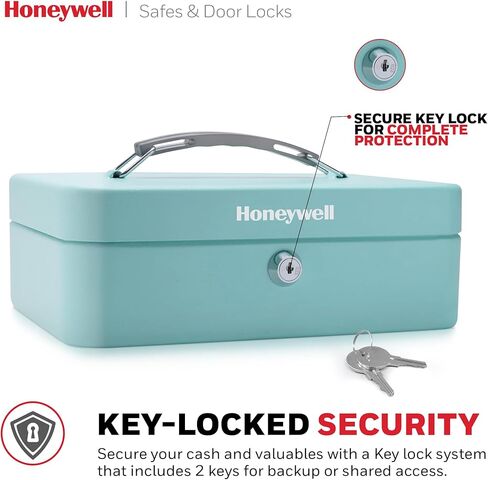 Honeywell Safes & Door Locks - Standard Small Cash Box with Removable Money Tray - Storage Under Tray & 5 Coin Slots - Durable Metal Safe with Key Lock - Saving Money Lock Box - Black, 0.14 CU - 6112 in Kuwait