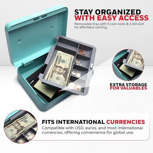 Honeywell Safes & Door Locks - Standard Small Cash Box with Removable Money Tray - Storage Under Tray & 5 Coin Slots - Durable Metal Safe with Key Lock - Saving Money Lock Box - Black, 0.14 CU - 6112 in Kuwait