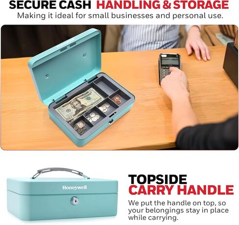 Honeywell Safes & Door Locks - Standard Small Cash Box with Removable Money Tray - Storage Under Tray & 5 Coin Slots - Durable Metal Safe with Key Lock - Saving Money Lock Box - Black, 0.14 CU - 6112 in Kuwait