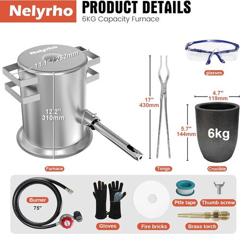 Nelyrho 6KG Propane Melting Furnace Kit with Two Crucible Tongs, Full Stainless Steel Foundry Klin Oxygen Torch Smelting Gold Silver Copper Aluminum Metal Recycle 2700℉ in Kuwait