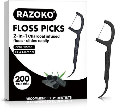 Natural Dental Floss Picks High Toughness Charcoal Toothpicks Sticks-Vegan,Eco-Friendly Sustainable Flossers for Teeth Cleaning (200 Count) in Kuwait