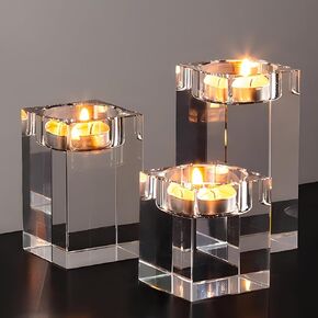 Crystal Candle Holders Set of 3 Clear Tea Light Candle Holders Square Candle Stand Glass Votive Candlestick Holders Centerpiece Table Decorations for Wedding Dining Living Room,3.15 in 3.94 in 4.72in