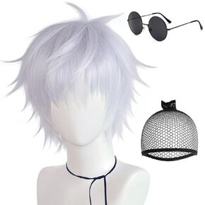 IMEYLE Wig (+1Black Glasses) for Jujutsu Kaisen Cosplay Light Purple Cosplay Wig for Men Short Straight Anime Wig with Bangs Heat Resistant Synthetic Wig for Halloween Costume Party