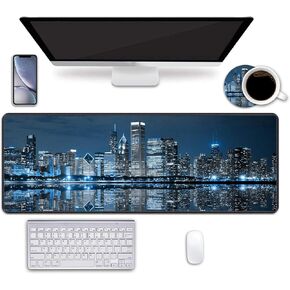 منصات الماوس Mat Pad Pad Pad Mat مع الوقايات ، حصيرة مكتب Office 31.5 "× 11.8" لوحة فأر كبيرة متينة كمبيوتر متين للمكتب والمنزل (مشهد أفق شيكاغو في الليل)