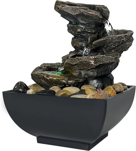 JOYENERGY Tabletop Fountain Waterfall Meditation Function with LED Light, 4-Tier Rock Waterfall Fountain Indoor Zen Meditation Relaxation Desktop Fountain for Home Office Decoration in Saudi Arabia