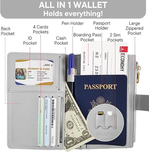 حامل جواز سفر إلزاما للنساء مع خاصية حجب RFID، محفظة غطاء جواز السفر مع جيب بسحاب، حامل بطاقات شريحة اتصال القلم، حافظة حماية لكتاب جواز السفر، محفظة سفر نحيفة لطيفة، رمادي فاتح in Kuwait