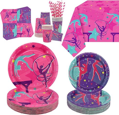 Gymnastics Birthday Party Decorations - Gymnastics Theme Party Supplies for Your Little Dance Gymnasts with Gymnastics Pattern Banner, Tablecloth, Plates, Napkins, Tableware, Serves 20 in Kuwait