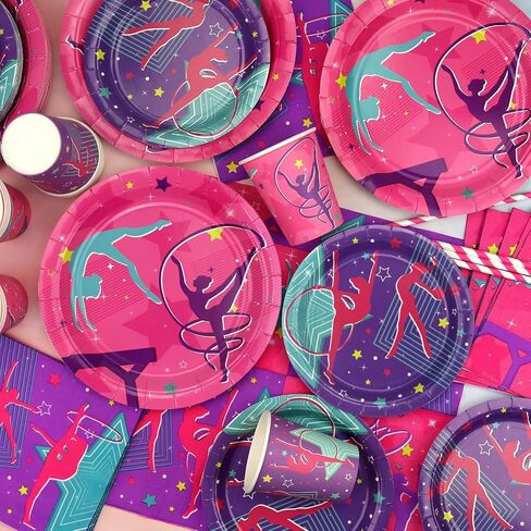 Gymnastics Birthday Party Decorations - Gymnastics Theme Party Supplies for Your Little Dance Gymnasts with Gymnastics Pattern Banner, Tablecloth, Plates, Napkins, Tableware, Serves 20 in Kuwait