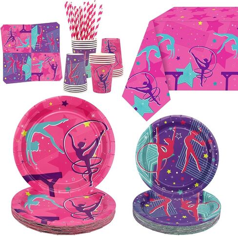 Gymnastics Birthday Party Decorations - Gymnastics Theme Party Supplies for Your Little Dance Gymnasts with Gymnastics Pattern Banner, Tablecloth, Plates, Napkins, Tableware, Serves 20 in Kuwait