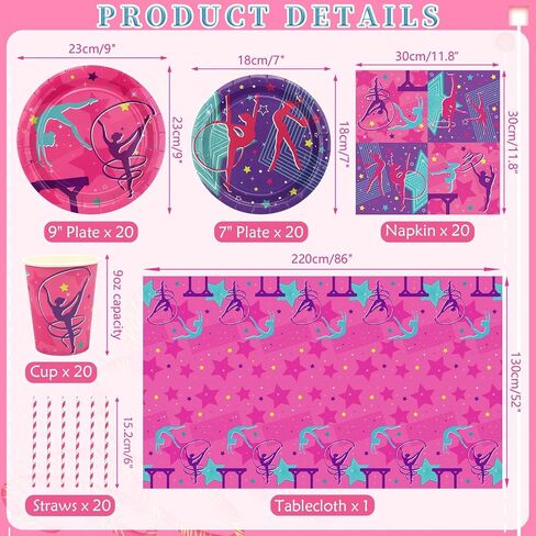 Gymnastics Birthday Party Decorations - Gymnastics Theme Party Supplies for Your Little Dance Gymnasts with Gymnastics Pattern Banner, Tablecloth, Plates, Napkins, Tableware, Serves 20 in Kuwait