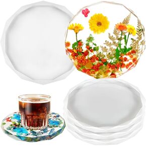 4 Pack Resin Coaster Molds, 5.2 Inch Round Geode Diamond Edge Crystal Coaster Silicone Molds for Epoxy Resin Flower Bouquet Preservation, Cups Mats, DIY Craft