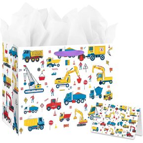 Hunken 13" Large Construction Vehicle Themed Gift Bags Set with Greeting Card and Tissue Paper, for boys, Kids Birthday Party, Baby boy, Baby Shower, Newborn, New Moms