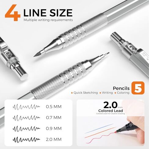 Four Candies Metal Mechanical Pencil Set, 3PCS Art Drafting Pencils 0.5, 0.7, 0.9MM & 2PCS 2MM Mechanical Drawing Pencils with 420PCS Leads (4B 2B HB 2H Color) for Writing Sketching Drawing (Black) in Kuwait