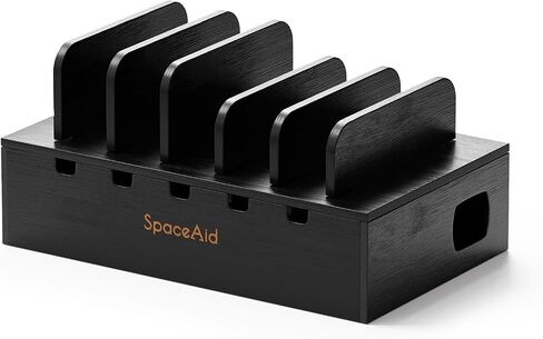 SpaceAid Bamboo Charging Station for Multiple Devices, Cell Phone Docking Stations for Multi Laptop, Tablets and iPads, Nightstand Bedside Desk Device Charger Organizer (Black) in Saudi Arabia