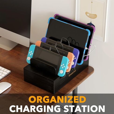 SpaceAid Bamboo Charging Station for Multiple Devices, Cell Phone Docking Stations for Multi Laptop, Tablets and iPads, Nightstand Bedside Desk Device Charger Organizer (Black) in Saudi Arabia
