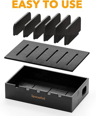 SpaceAid Bamboo Charging Station for Multiple Devices, Cell Phone Docking Stations for Multi Laptop, Tablets and iPads, Nightstand Bedside Desk Device Charger Organizer (Black) in Saudi Arabia