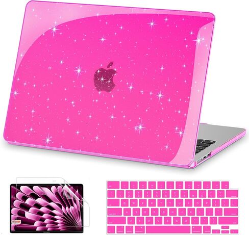 AKIT Compatible with MacBook Air 13 Inch Case Glitter 2025 2024-2022 M3 A3113 M2 A2681, Unique Shiny Hard Shell Laptop Case + Screen Protector + Keyboard Cover for Mac Air 13.6 Inch, Sparkly Hot Pink in Kuwait