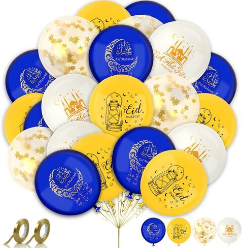 AhfuLife 32 PCS Eid Decorations Balloons, 12 Inches Large Eid Mubarak Balloons for Home, Black and Gold Latex Balloon with 2 Rolls Ribbons for Ramadan Kareem Eid Mubarak Party Supplies in Kuwait