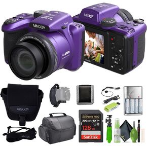 كاميرا MINOLTA MN40Z 20 ميجا بكسل بتكبير بصري 40x مع فيديو بدقة 1080 بكسل FHD، فضي، حزمة مع بطاقة ذاكرة 64 جيجابايت + حامل ثلاثي القوائم Vlog + بطارية 4xAA مع شاحن + ملحقات