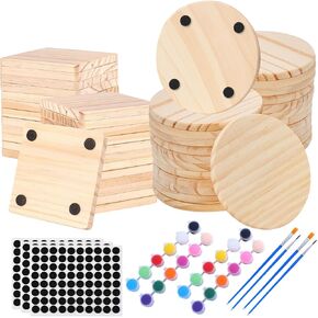 Adboros 120 PCS الوقايات الخشبية غير المكتملة ، الوقايات الخشبية الفارغة 4 بوصات للحرف مع ملصقات لوحة رغوة غير قابلة للانزلاق للرسوم الخشبية الملطخة DIY (مربعة وجولة)