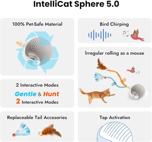 2025 New Generation Interactive Cat Ball Toy with Elastic Mesh Tail - Automatic Motion-Activated Chirping Kitten Toy for Indoor Cats, Relieves Boredom & Encourages Play in Kuwait