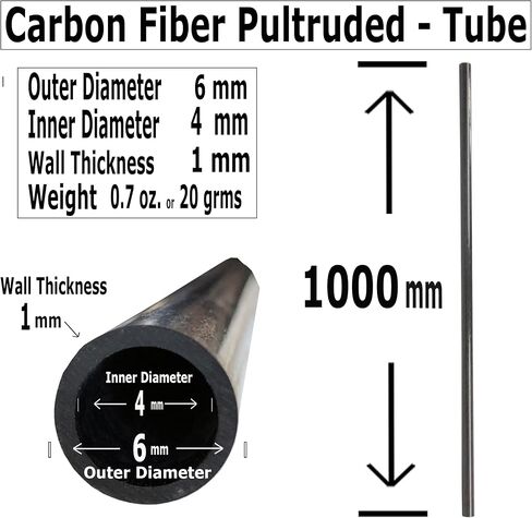 – CARBON FIBER TUBE - 6mm X 4mm x 1000mm – Pultruded Round Hollow Carbon Fiber rods Black matte finish - Pure carbon fibre hollow tube shafts - for RC planes-drones, boat DIY craft projects in Saudi Arabia