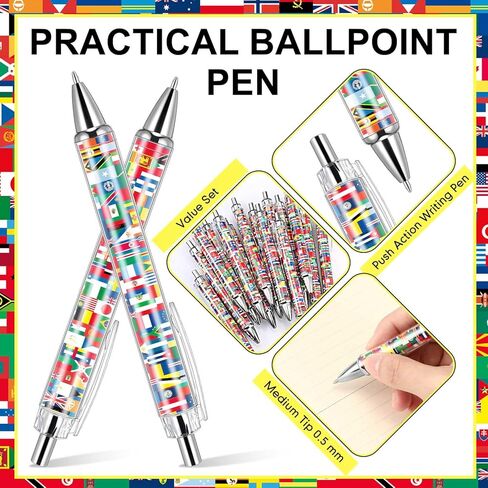 Janlaugh 50 Pcs International Flag Pens World Ballpoint Retractable Country Flags Pens Bulk Multicultural Party Favors Decoration Gift for Sports Events Home Office Supplies in Kuwait
