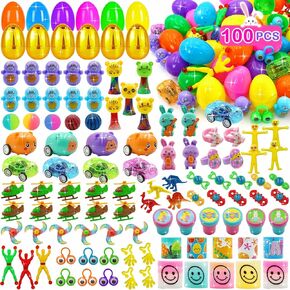 100 PCS Easter Prected Eggs مع ألعاب متنوعة ، حشوات سلة عيد الفصح للأطفال الصغار المراهقون الفتاة الفتيات Easter Egg Hunt يعالج سلة عيد الفصح حزب عيد الفصح حفلة