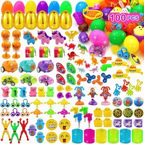 100 PCS Easter Prefilled Eggs with Assorted Toys, Easter Basket Stuffers for Kid Toddler Teens Boys Girls Easter Egg Hunt Filling Treats Easter Basket Stuffers Easter Party Favor
