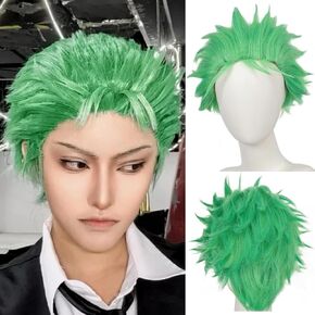 Anogol Hair Cap + Short Green Wig For Anime Cosplay Wig Mens Wig Staight Synthetic Wig Hair Replacement Wigs For Boys Anime Costume Halloween Party