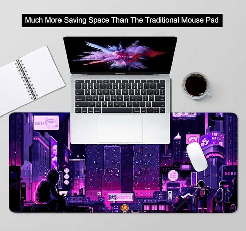 لوحة ماوس كبيرة باللون الأرجواني للرسوم المتحركة اليابانية للمكتب، لوحة مكتب فنية بكسل شارع نيون طوكيو، لوحة ماوس ألعاب كبيرة مقاس XXL، سجادة مكتب Skyline City، 35.4 × 15.7 بوصة، Retro Vaporwave in Kuwait
