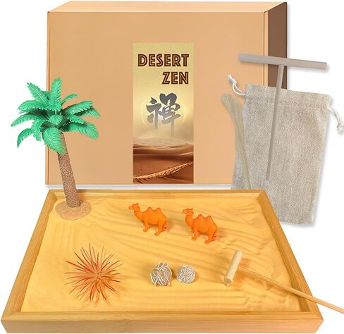 Threeheng Mini Japanese Zen Sand Garden Kit for Desk, Muti-Functional Sand Tray Therapy Kit with Bamboo Tray - Includes Sand Ball Insense Holder Crystals and More for Meditation, Gifts (Bamboo) in Saudi Arabia