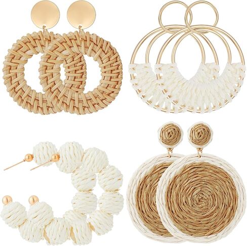 4 Pairs Rattan Earrings Lightweight Geometric Statement Tassel Woven Bohemian Earrings Handmade Straw Wicker Braid Hoop Drop Dangle Earrings For Women Girls (Style B) in Saudi Arabia