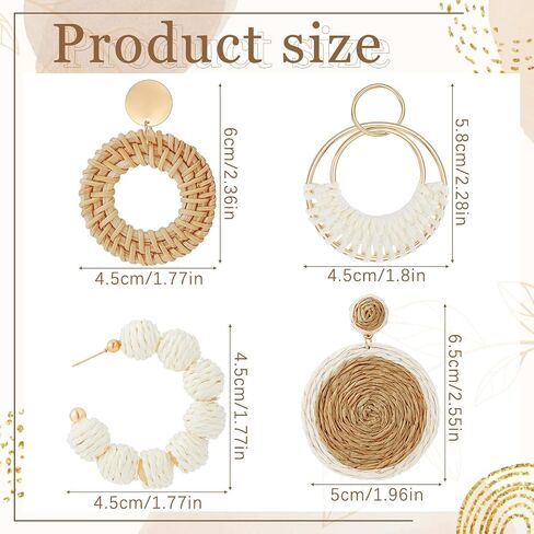 4 Pairs Rattan Earrings Lightweight Geometric Statement Tassel Woven Bohemian Earrings Handmade Straw Wicker Braid Hoop Drop Dangle Earrings For Women Girls (Style B) in Saudi Arabia