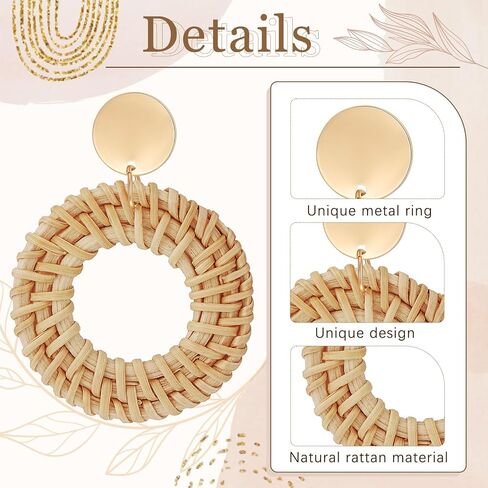 4 Pairs Rattan Earrings Lightweight Geometric Statement Tassel Woven Bohemian Earrings Handmade Straw Wicker Braid Hoop Drop Dangle Earrings For Women Girls (Style B) in Saudi Arabia