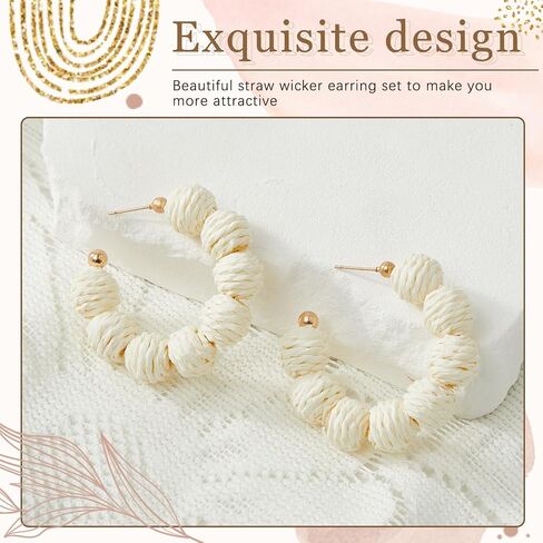 4 Pairs Rattan Earrings Lightweight Geometric Statement Tassel Woven Bohemian Earrings Handmade Straw Wicker Braid Hoop Drop Dangle Earrings For Women Girls (Style B) in Saudi Arabia