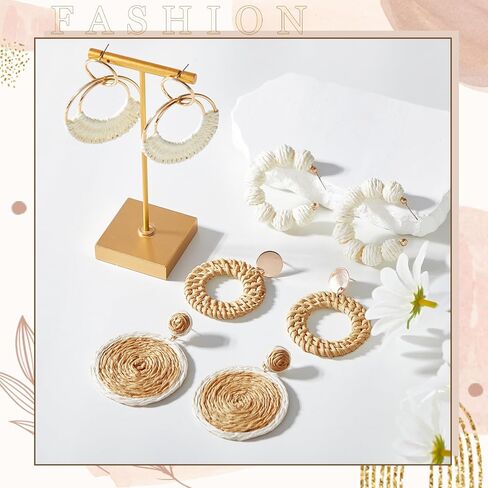 4 Pairs Rattan Earrings Lightweight Geometric Statement Tassel Woven Bohemian Earrings Handmade Straw Wicker Braid Hoop Drop Dangle Earrings For Women Girls (Style B) in Saudi Arabia