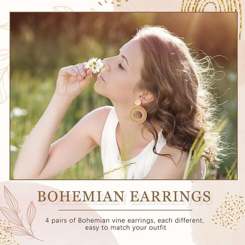 4 Pairs Rattan Earrings Lightweight Geometric Statement Tassel Woven Bohemian Earrings Handmade Straw Wicker Braid Hoop Drop Dangle Earrings For Women Girls (Style B) in Saudi Arabia