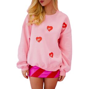 Faretumiya Women Heart Print Sequin Sweatshirt Romantic Love Graphic Shirt Valentine's Day Long Sleeve Crewneck Pullover Tops