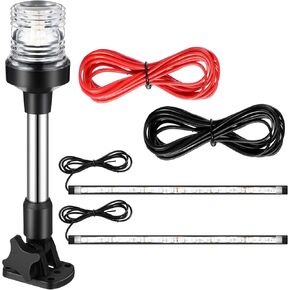 White LED Boat Stern Light 9 Inch with 2 Pcs 8.2ft Extra Cables All Round 12-24v, and 2 Pcs Navigation Lights LED Anchor Lights for Boats Red and Green Boat Running Lights LED Marine