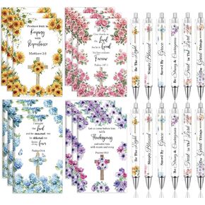 Christian Gifts Bulk for Women - 24PCS Inspirational Quotes Pens Scripture Notebooks Flower Bible Verse Ballpoint Pens Set Positive Religious Gifts for School Office Classroom Church Teacher