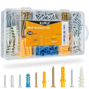 KURUI Drywall Anchors and Screws Assortment Kit 350PCS, 175 Plastic Wall Anchors and 175 Philips Flat Head Screws, 5 Sizes Screws and Dry Sheetrock Anchor, with Self Drilling Drywall Anchors