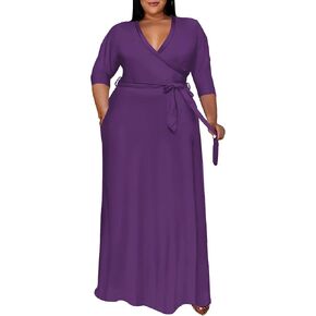 Runwind Plus Size Dresses for Women Gradient Maxi Dress Flowy 3/4 Sleeve with Belt