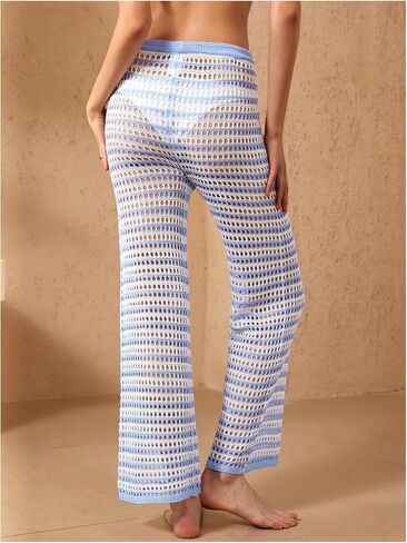Verdusa Women's Hollow Out Crochet Knit Striped High Waist Swimwear Cover Up Pants in Kuwait