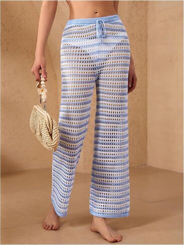 Verdusa Women's Hollow Out Crochet Knit Striped High Waist Swimwear Cover Up Pants in Kuwait
