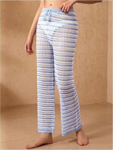 Verdusa Women's Hollow Out Crochet Knit Striped High Waist Swimwear Cover Up Pants in Kuwait