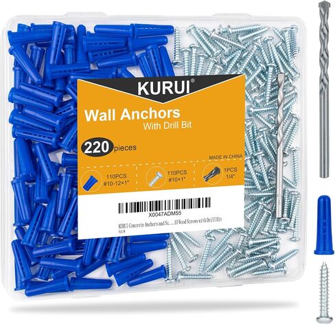 KURUI Drywall Anchors and Screws Assortment Kit 350PCS, 175 Plastic Wall Anchors and 175 Philips Flat Head Screws, 5 Sizes Screws and Dry Sheetrock Anchor, with Self Drilling Drywall Anchors in Saudi Arabia