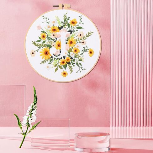 Iuhui تطريز طقم للمبتدئين البالغين - 26 رسائل زهرية سهلة ، وتطريز غرز يدوي DIY مع طوق (الحرف الزهرة والعشب أ) in Kuwait