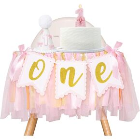 First Birthday Decorations for Girl, Pink Bow ONE High Chair Banner, Pink and White Bow One Year Old Docorations, Girls Just Wanna Be One