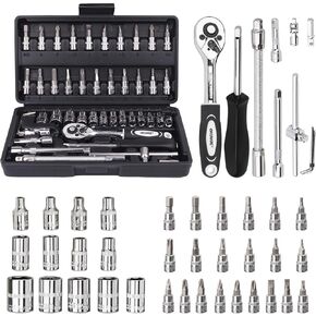 Socket Set, 46PCS 1/4 Inch Wrench Set, Ratchet Wrenches Set with S2 Bits CR-V Sockets Metric & Extension Bar for Automotive Repair & Home Use, Ratchet Set with Hard Storage Case